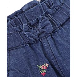 Babyhug 100% Cotton Full Length Denim Joggers with Floral Embroidery & Bow Applique - Blue