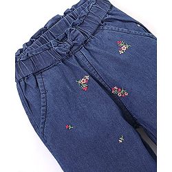Babyhug 100% Cotton Full Length Denim Joggers with Floral Embroidery & Bow Applique - Blue