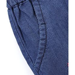 Babyhug 100% Cotton Full Length Denim Joggers with Floral Embroidery & Bow Applique - Blue