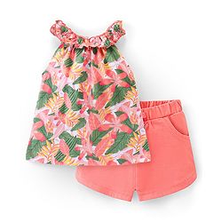Babyhug 100% Cotton Knit Sleeveless Top and Shorts Floral Print - Green & Coral