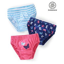 Babyhug 100% Cotton Knit Antibacterial Panties Stripes & Butterfly Print Pack of 3 - Pink & Blue