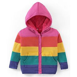 Babyhug Knit Full Sleeves Front Open Hooded Striped Sweater - Multicolour
