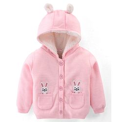 Babyhug Full Sleeves Hooded Front Open Sweater with Fur Lining and Bunny Patch & Applique - Light Pink