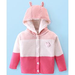 Babyhug Knitted Full Sleeves Front Open Hooded Sweater with Striped Design - Pink & White