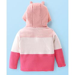 Babyhug Knitted Full Sleeves Front Open Hooded Sweater with Striped Design - Pink & White