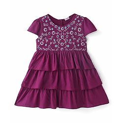 Babyhug Rayon Half Sleeves Woven Layered Frock With Floral Embroidery  - Purple