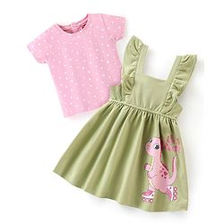 Babyhug 100% Cotton Knit Dino Print Frock with Half Sleeves T-Shirt Heart Print - Pink & Green