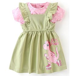 Babyhug 100% Cotton Knit Dino Print Frock with Half Sleeves T-Shirt Heart Print - Pink & Green