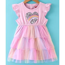 Babyhug 100% Cotton Knit Frill Sleeves Frock with Mesh & Sequins Detailing - Pink