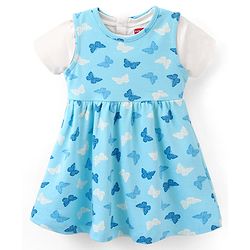 Babyhug 100% Cotton Knit Butterfly Printed Frock with Half Sleeves Inner Tee - Blue