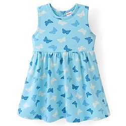 Babyhug 100% Cotton Knit Butterfly Printed Frock with Half Sleeves Inner Tee - Blue