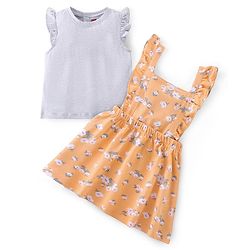 Babyhug 100% Cotton Knit Floral Printed Frock With Half Sleeves Inner Tee - Orange & White