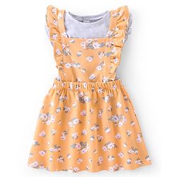 Babyhug 100% Cotton Knit Floral Printed Frock With Half Sleeves Inner Tee - Orange & White