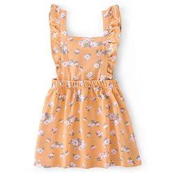 Babyhug 100% Cotton Knit Floral Printed Frock With Half Sleeves Inner Tee - Orange & White