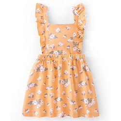 Babyhug 100% Cotton Knit Floral Printed Frock With Half Sleeves Inner Tee - Orange & White