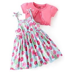 Babyhug 100% Cotton Knit Singlet Frock with Half Sleeves Shrug Floral Print - Pink & Mint Blue