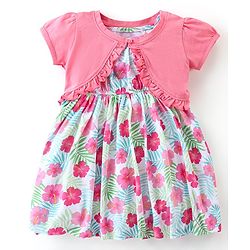 Babyhug 100% Cotton Knit Singlet Frock with Half Sleeves Shrug Floral Print - Pink & Mint Blue