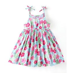 Babyhug 100% Cotton Knit Singlet Frock with Half Sleeves Shrug Floral Print - Pink & Mint Blue