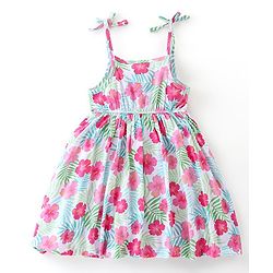 Babyhug 100% Cotton Knit Singlet Frock with Half Sleeves Shrug Floral Print - Pink & Mint Blue