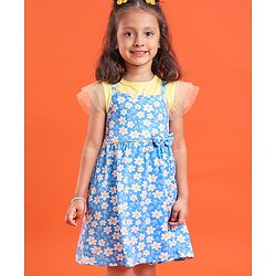 Babyhug 100% Cotton Knit Frock With Half Sleeves Inner Tee Floral Print- Yellow & Blue