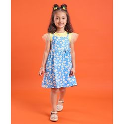 Babyhug 100% Cotton Knit Frock With Half Sleeves Inner Tee Floral Print- Yellow & Blue