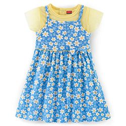 Babyhug 100% Cotton Knit Frock With Half Sleeves Inner Tee Floral Print- Yellow & Blue