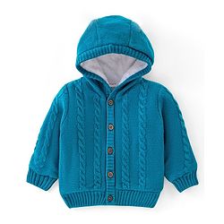 Babyhug Knit Full Sleeves Front Open Hooded Sweater with Cable Knit Design - Blue
