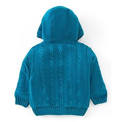 Babyhug Knit Full Sleeves Front Open Hooded Sweater with Cable Knit Design - Blue