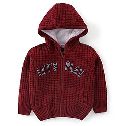 Babyhug Knit Full Sleeves Front Open Hooded Sweater with Cable Knit Design - Maroon
