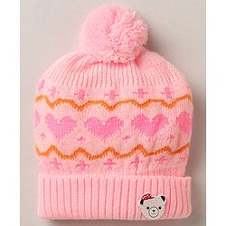 Babyhug Woollen Cap with Heart & Bear Design Pink - Diameter 9 cm