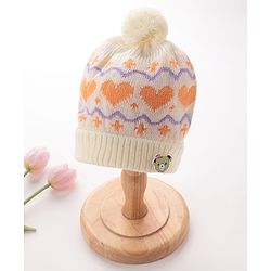 Babyhug Woollen Cap with Heart & Bear Design Beige - Diameter 9 cm