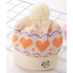 Babyhug Woollen Cap with Heart & Bear Design Beige - Diameter 9 cm