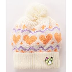 Babyhug Woollen Cap with Heart & Bear Design Beige - Diameter 9 cm