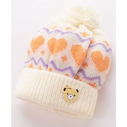 Babyhug Woollen Cap with Heart & Bear Design Beige - Diameter 9 cm
