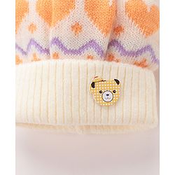 Babyhug Woollen Cap with Heart & Bear Design Beige - Diameter 9 cm