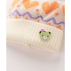 Babyhug Woollen Cap with Heart & Bear Design Beige - Diameter 9 cm