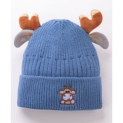 Babyhug Horn Woollen Cap Reindeer Design - Blue