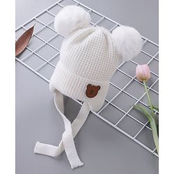 Babyhug Pom Pom Woolen Cap Teddy Design - White