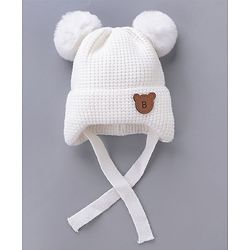 Babyhug Pom Pom Woollen Cap Teddy Design - White