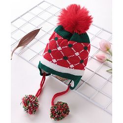 Babyhug Pom Pom Woolen Cap Argyle Design - Red
