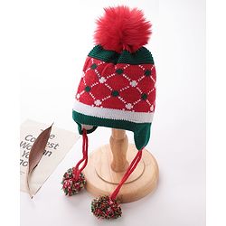 Babyhug Pom Pom Woolen Cap Argyle Design - Red