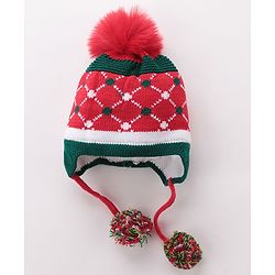 Babyhug Pom Pom Woolen Cap Argyle Design - Red