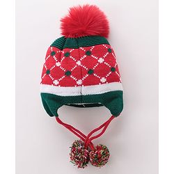 Babyhug Pom Pom Woolen Cap Argyle Design - Red