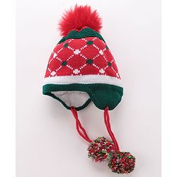 Babyhug Pom Pom Woolen Cap Argyle Design - Red