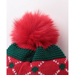 Babyhug Pom Pom Woolen Cap Argyle Design - Red