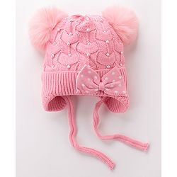 Babyhug Woollen Cap With Bow & Pompom - Pink