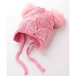 Babyhug Woollen Cap With Bow & Pompom - Pink