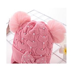 Babyhug Woollen Cap With Bow & Pompom - Pink
