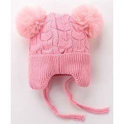 Babyhug Woollen Cap With Bow & Pompom - Pink