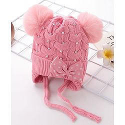 Babyhug Woollen Cap With Bow & Pompom - Pink